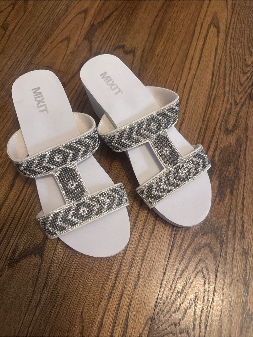 Mixit White and Silver Beaded Double-Strap Slide Sandals